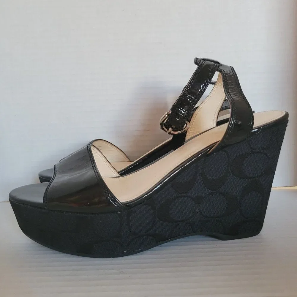 Coach Wedge Heels Sandals Platform Black Patent Leather Nalene Women's Woman's 7